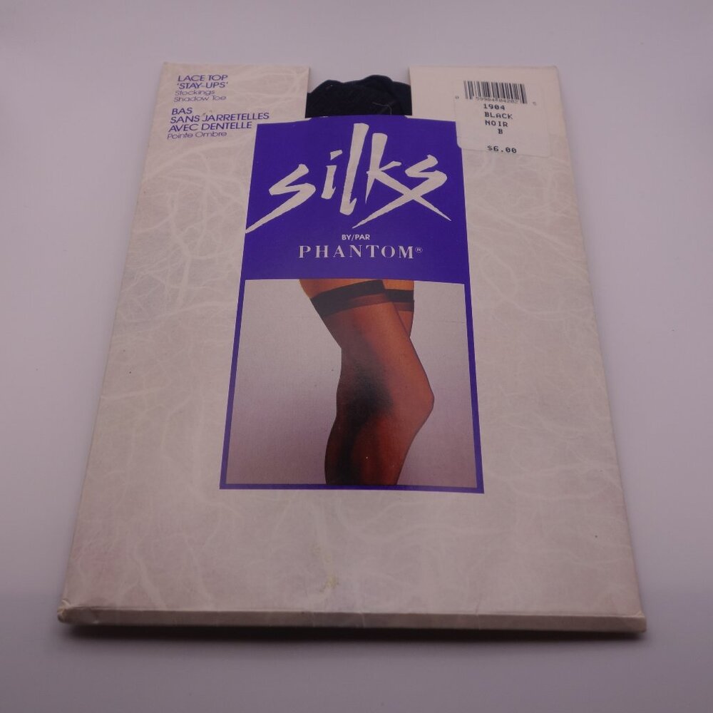 Silks by/par PHANTOM LACE TOP 'STAY-UPS' Stockings Shadow Toe Black Size B